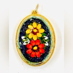 Vintage Floral Flower Micro-Mosaic Oval Pendant/Locket Gold Tone-Made in Italy